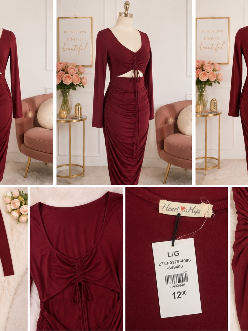 Heart Hips Burgundy Long Sleeve Ruched Cutout Midi Dress